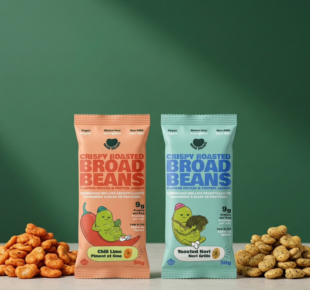 Two packages of Crispy Roasted Broad Beans with piles of beans on a green background